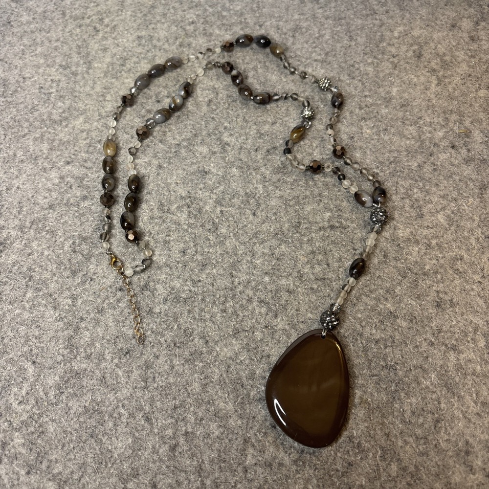 Brown Agate Pendant Beaded Necklace 28" Long Rhinestone Accents Statement